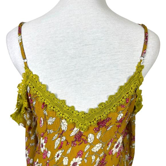 L Love NWT Mustard Yellow Floral Crepe Texture & Lace Cold Shoulder Mini Dress - Picture 6 of 10